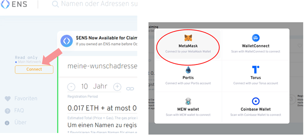 ENS page connects to MetaMask wallet