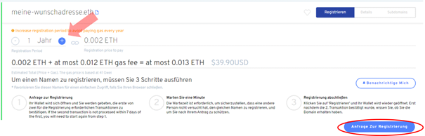 enter subscription period for .eth-address on ENS